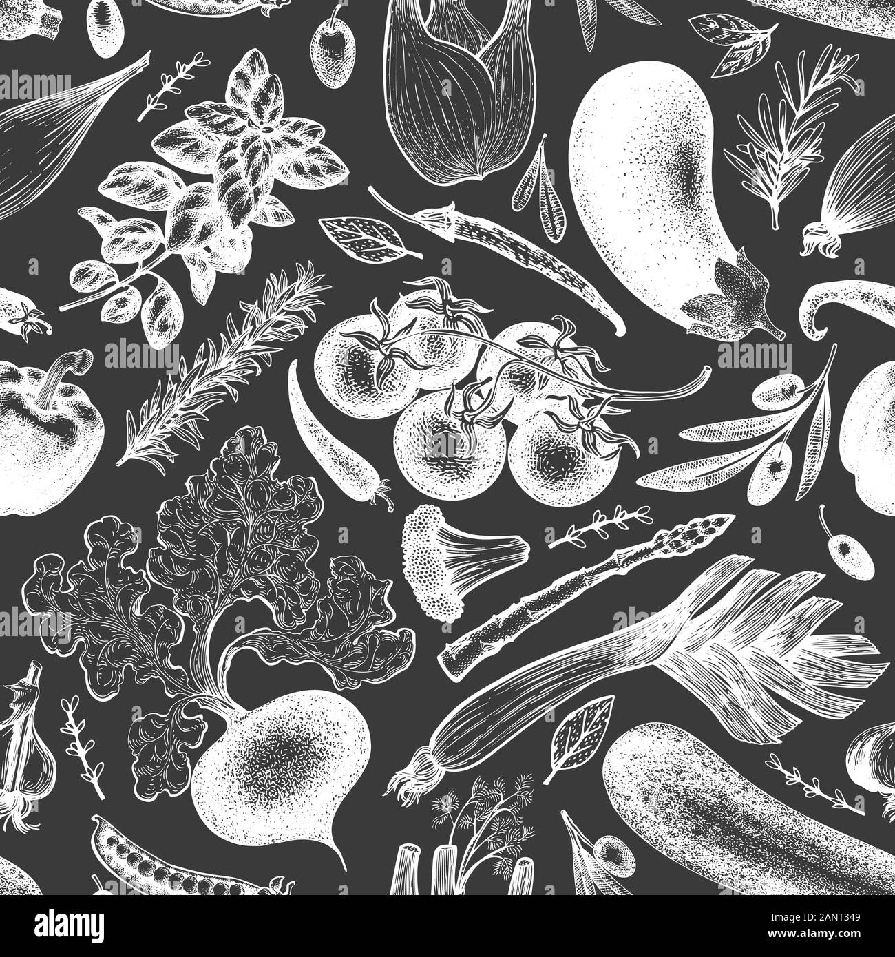 Verdure disegnati a mano vector seamless pattern. Vintage stile incise le illustrazioni sulla scheda di gesso. È possibile utilizzare per visualizzare il menu, etichette, imballaggio, flyer, agriturismo Illustrazione Vettoriale