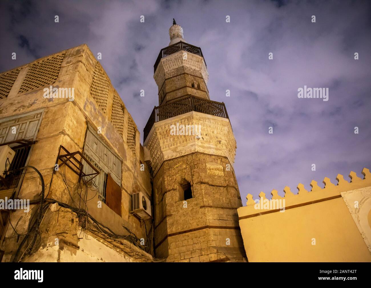 Al Shafi minareto della moschea al tramonto, Mecca provincia, Jeddah, Arabia Saudita Foto Stock