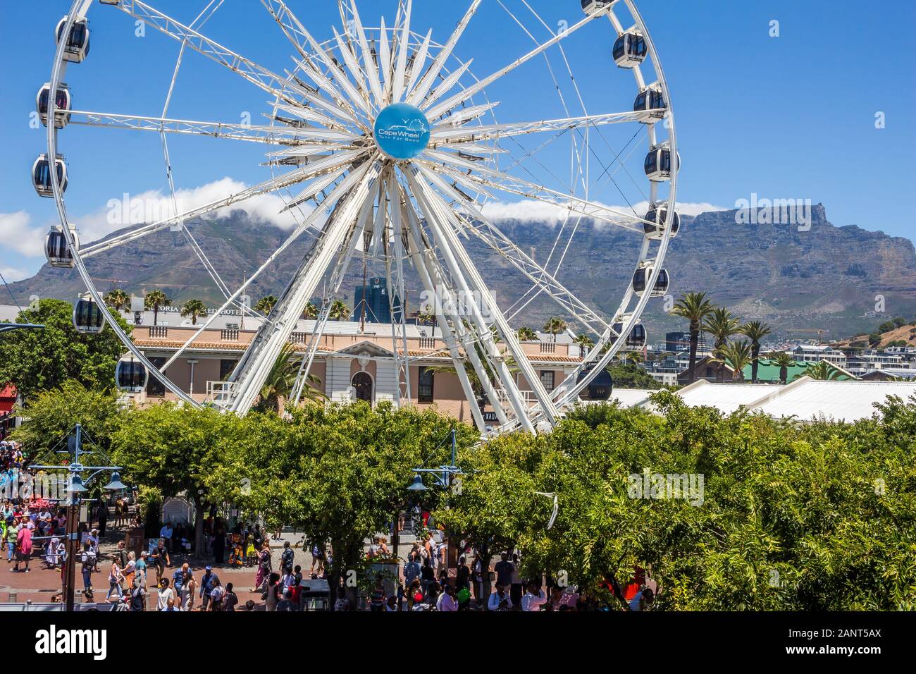 CAPE Town, Sud Africa - 01 gennaio 2020: ruota gigante nella parte anteriore del Table Mountain al V & A Waterfront a Città del Capo in Sud Africa Foto Stock