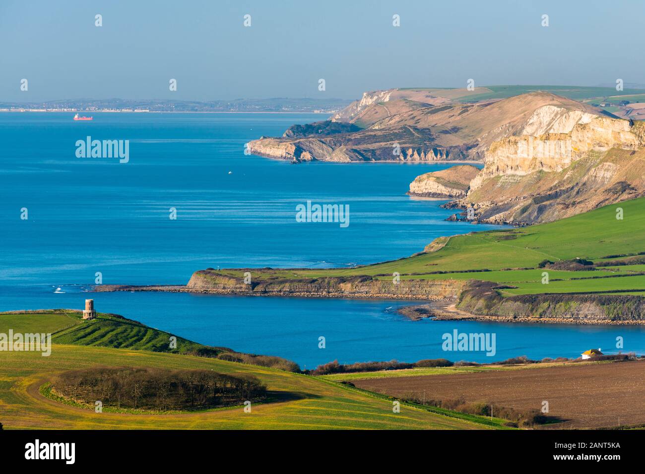 Testa Swyre, Kingston, Dorset, Regno Unito. 19 gennaio 2020. Regno Unito Meteo. La vista dalla testa Swyre vicino a Kingston nel Dorset guardando ad ovest lungo la Jurassic Coast attraverso Kimmeridge Bay e Warbarrow Bay. Credito Foto: Graham Hunt/Alamy Live News Foto Stock