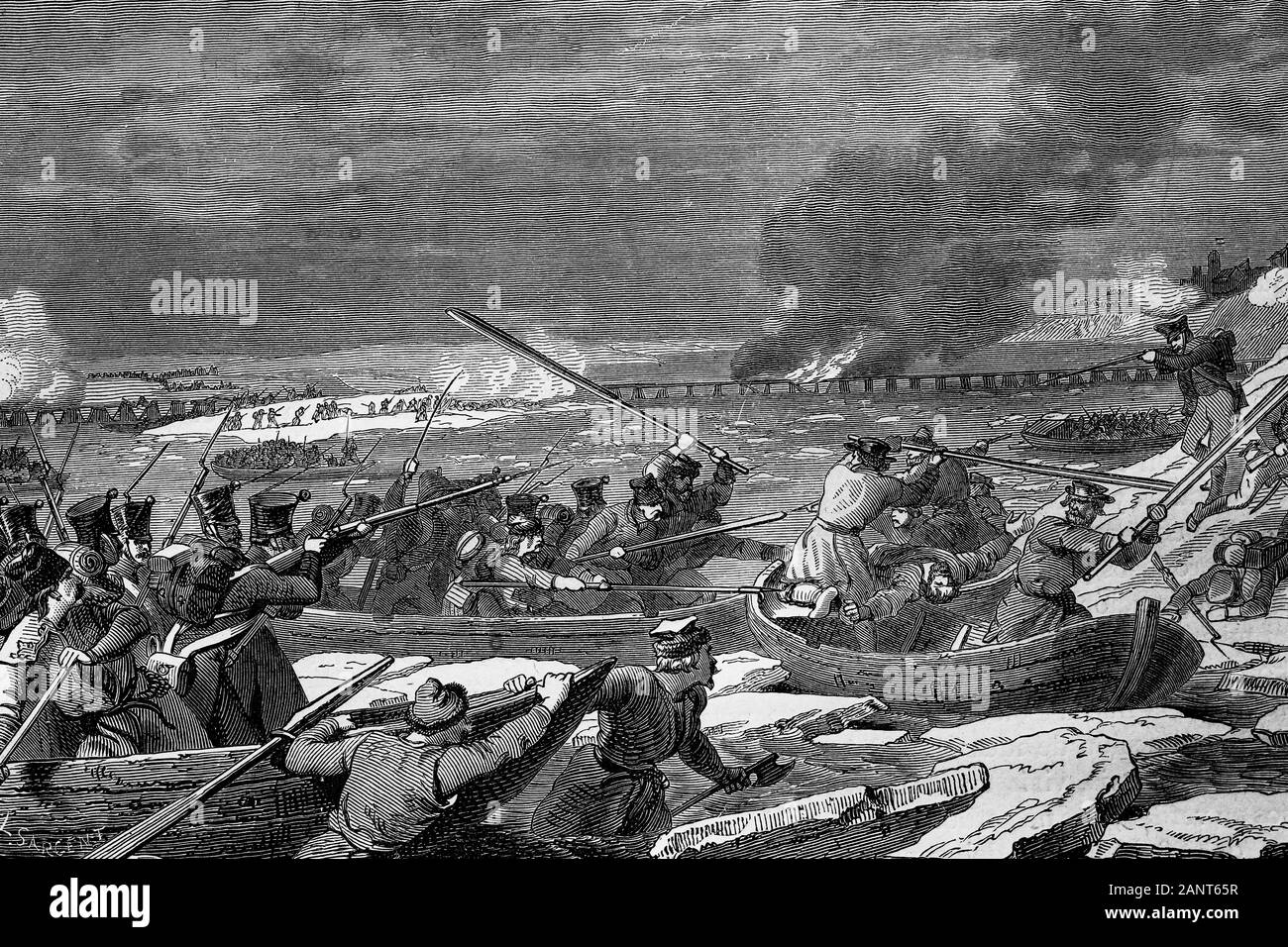 L'esercito del Maresciallo Ney attraversa il fiume Vistola da Thorn, Polonia. Guerre napoleoniche. Illustrazione di antiquariato. 1890. Foto Stock
