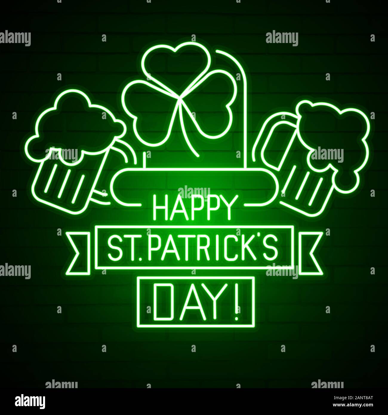 San Patrizio. Il Neon incandescente segno lascia a foglia di trifoglio. Saint Patrick insieme al neon Illustrazione Vettoriale