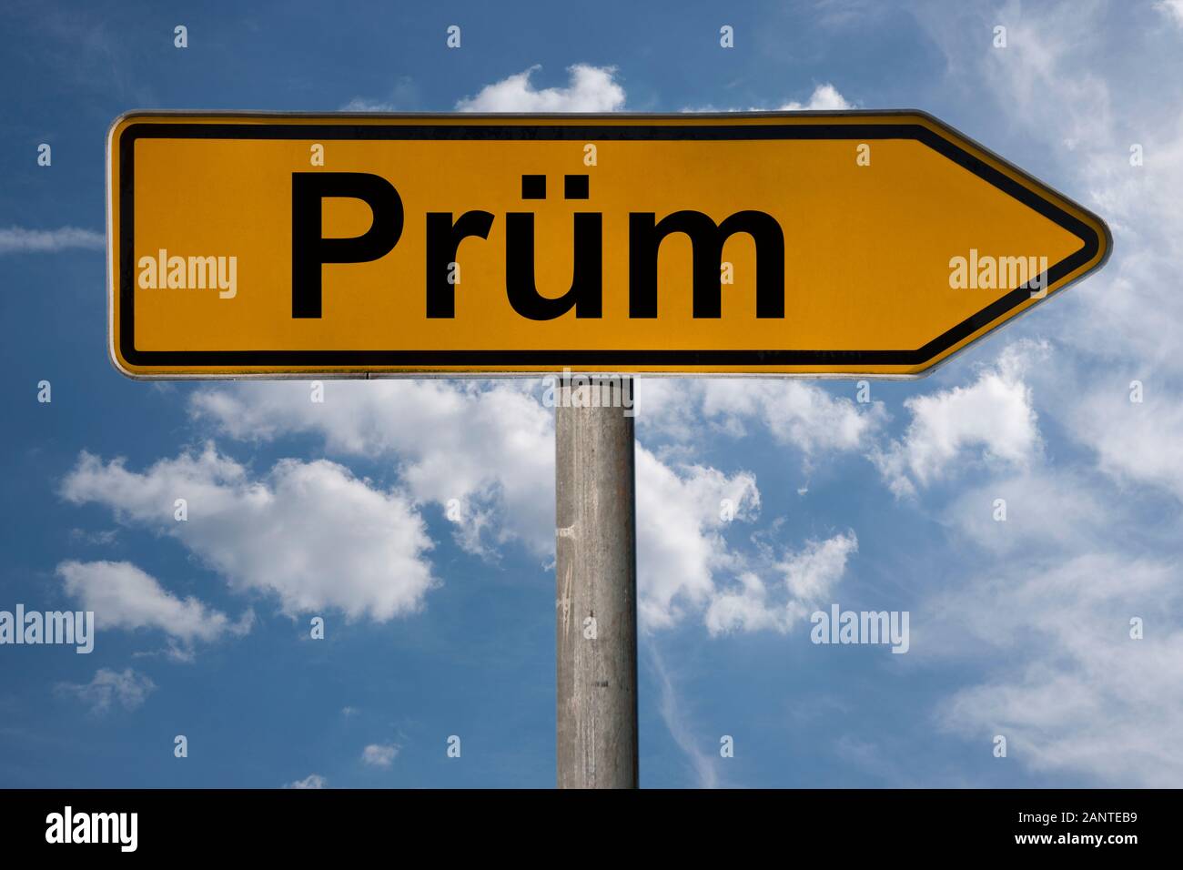 Dettaglio foto di un cartello con la scritta Prüm, Renania-Palatinato, Germania, Europa Foto Stock