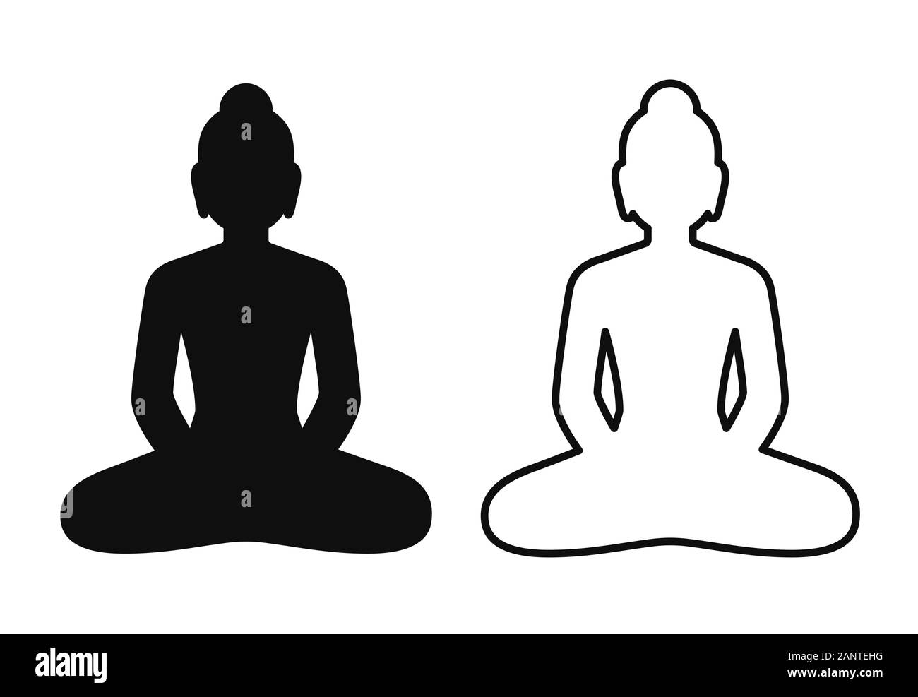 Semplice e minima icona della statua del Buddha seduto in lotus pongono. Bianco e nero silhouette e line art disegno, il vettore isolato simbolo. Consapevolezza di un Illustrazione Vettoriale