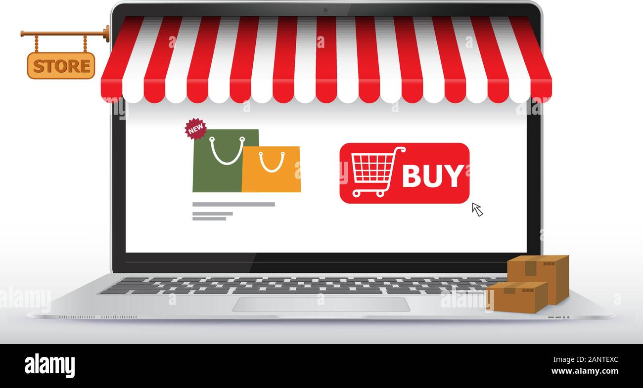 Shopping Online Store su lo schermo del computer portatile. L'E-Commerce e Marketing Digitale concetto illustrazione vettoriale. Illustrazione Vettoriale