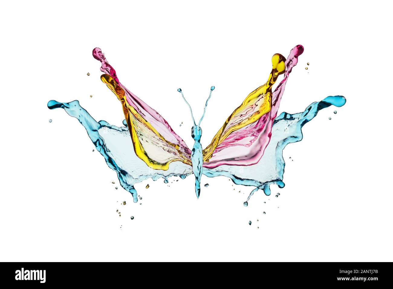 Farfalla colorata formata con colorati spruzzi di liquido. Isolato su sfondo bianco. Foto Stock