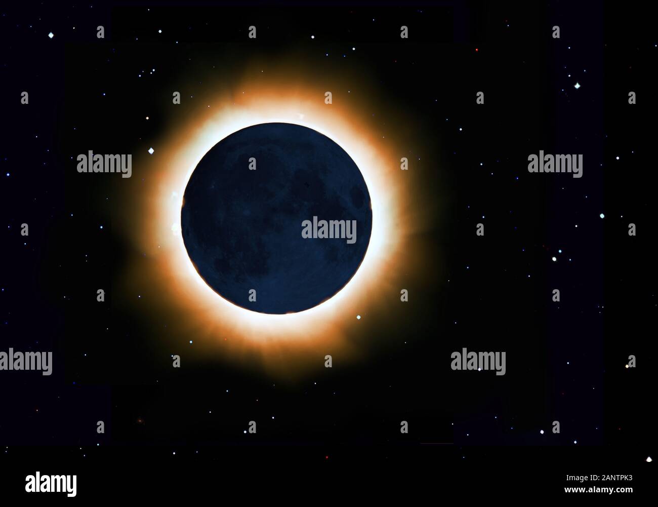 La corona solare di un total eclipse, debole luce sulla Luna da riflesso dalla terra. Cielo stellato Foto Stock