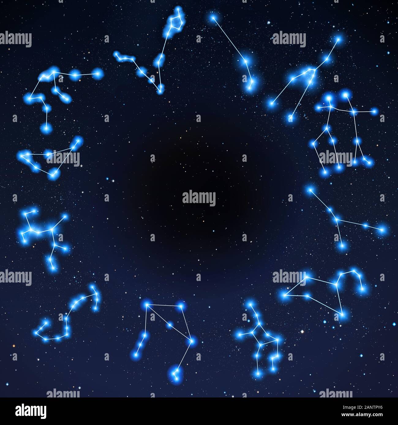 La costellazione dello zodiaco disposte a cerchio sul campo di stelle universo sfondo - Astrologia e oroscopi concept Foto Stock