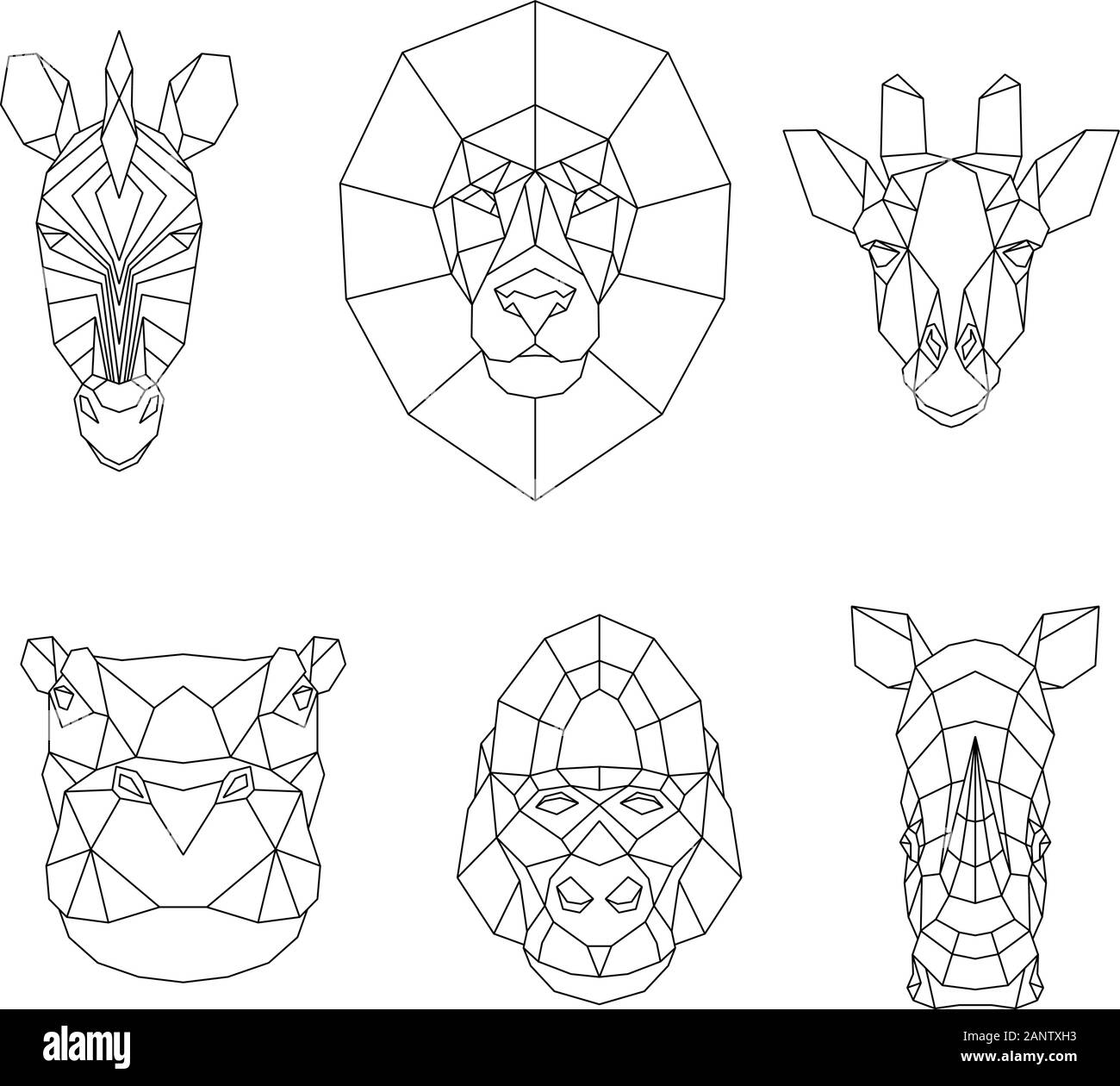 Set di poligonale di animali africani. Teste di geometrica di zebra, leoni, giraffe, ippopotami, gorilla e rhino. Illustrazione Vettoriale. Illustrazione Vettoriale