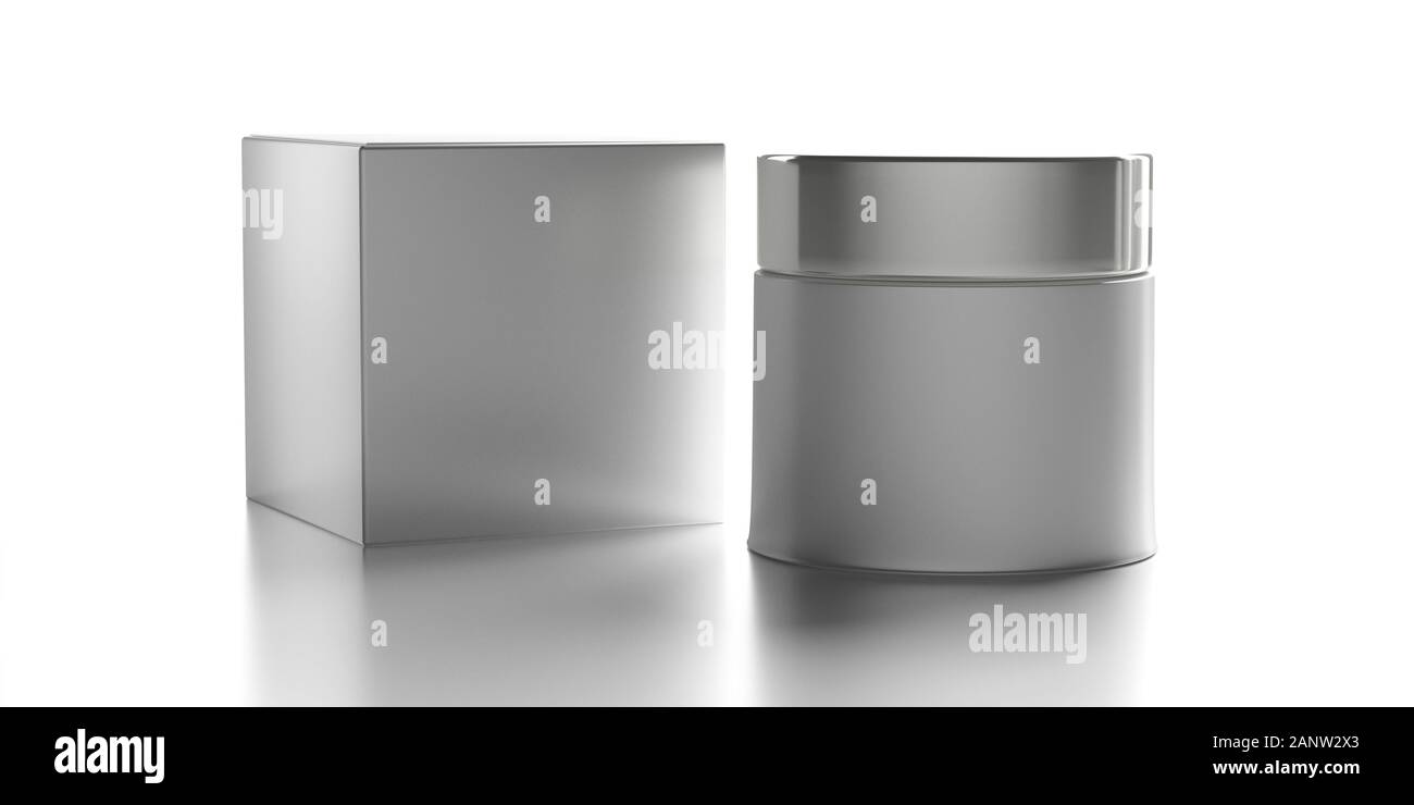 Crema contenitore cosmetico e nella casella Modello. Argento vaso chiuso con coperchio e scatola vuota isolata contro uno sfondo bianco. La crema di pentola e fustellato scatola di imballaggio Foto Stock