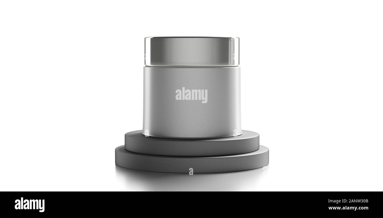 Crema contenitore cosmetico modello. Argento vaso chiuso con coperchio isolato contro uno sfondo bianco. Crema per il viso, idratante, crema per il corpo pentola mockup concep Foto Stock
