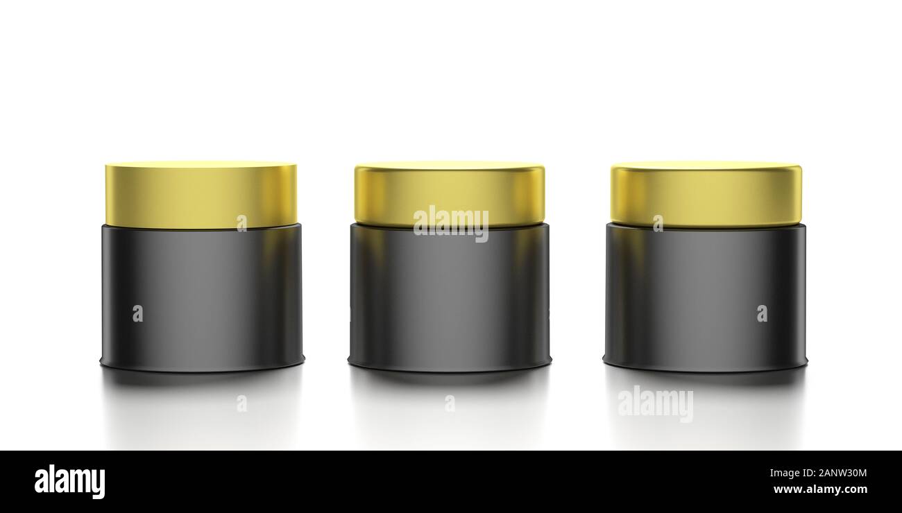 Crema contenitore cosmetico modello. Vasi colore nero chiuso con coperchi oro isolata contro uno sfondo bianco. Crema per il viso, idratante, crema per il corpo piatto m Foto Stock