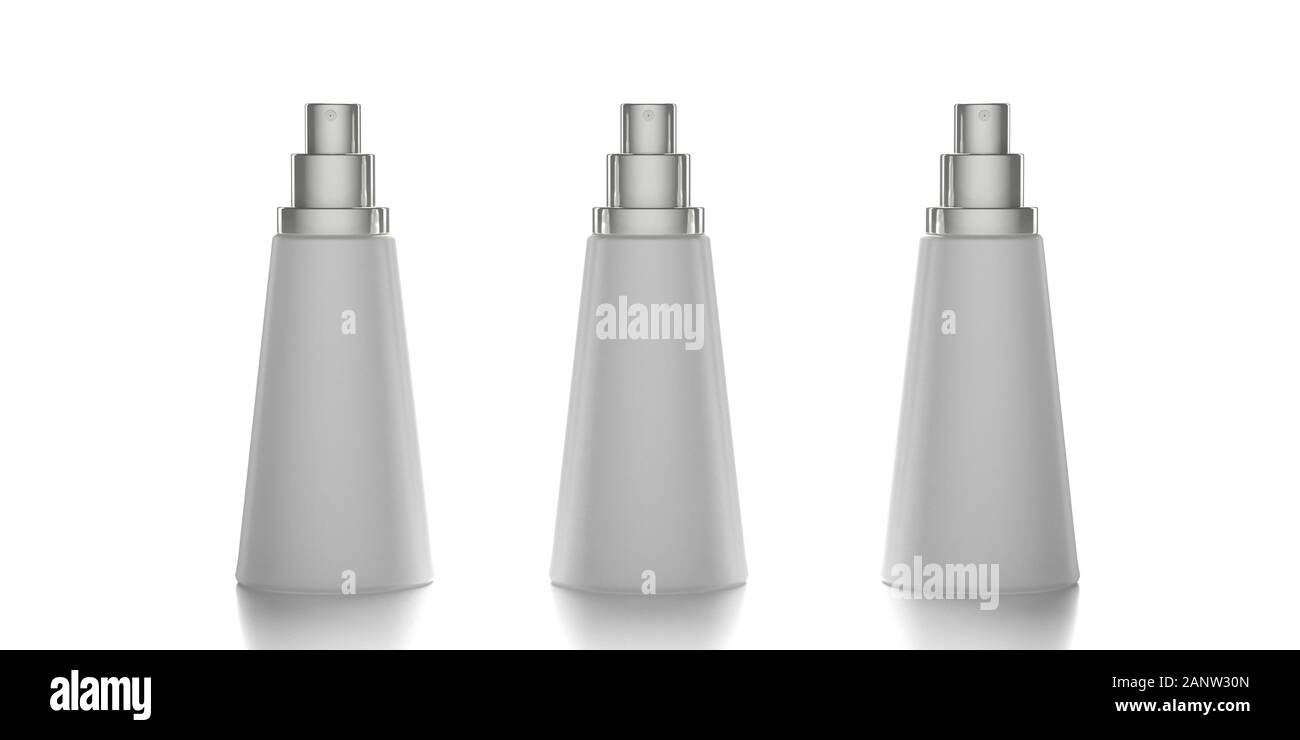 Irroratrice cosmetici bottiglie possono modello. Vuoto contenitore spray mockup isolati su sfondo bianco, profumo deodorante di confezionamento del prodotto. 3d illustrazione Foto Stock