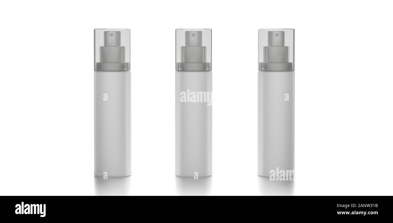 Irroratrice cosmetici bottiglie possono modello di contenitore. Blank bombolette spray con coperchi isolati su sfondo bianco, deodorante profumo di confezionamento del prodotto. 3 Foto Stock
