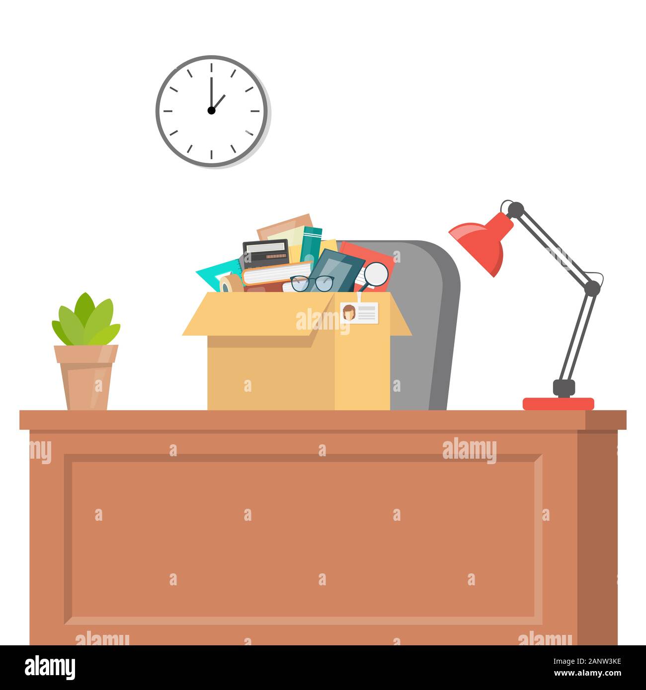 Accessori per ufficio in una scatola di cartone sul tavolo per ufficio. Roba di lavoro, documenti, impianto, photo frame, calcolatrice, bicchieri, lampada. Entrando in un nuovo ufficio Illustrazione Vettoriale