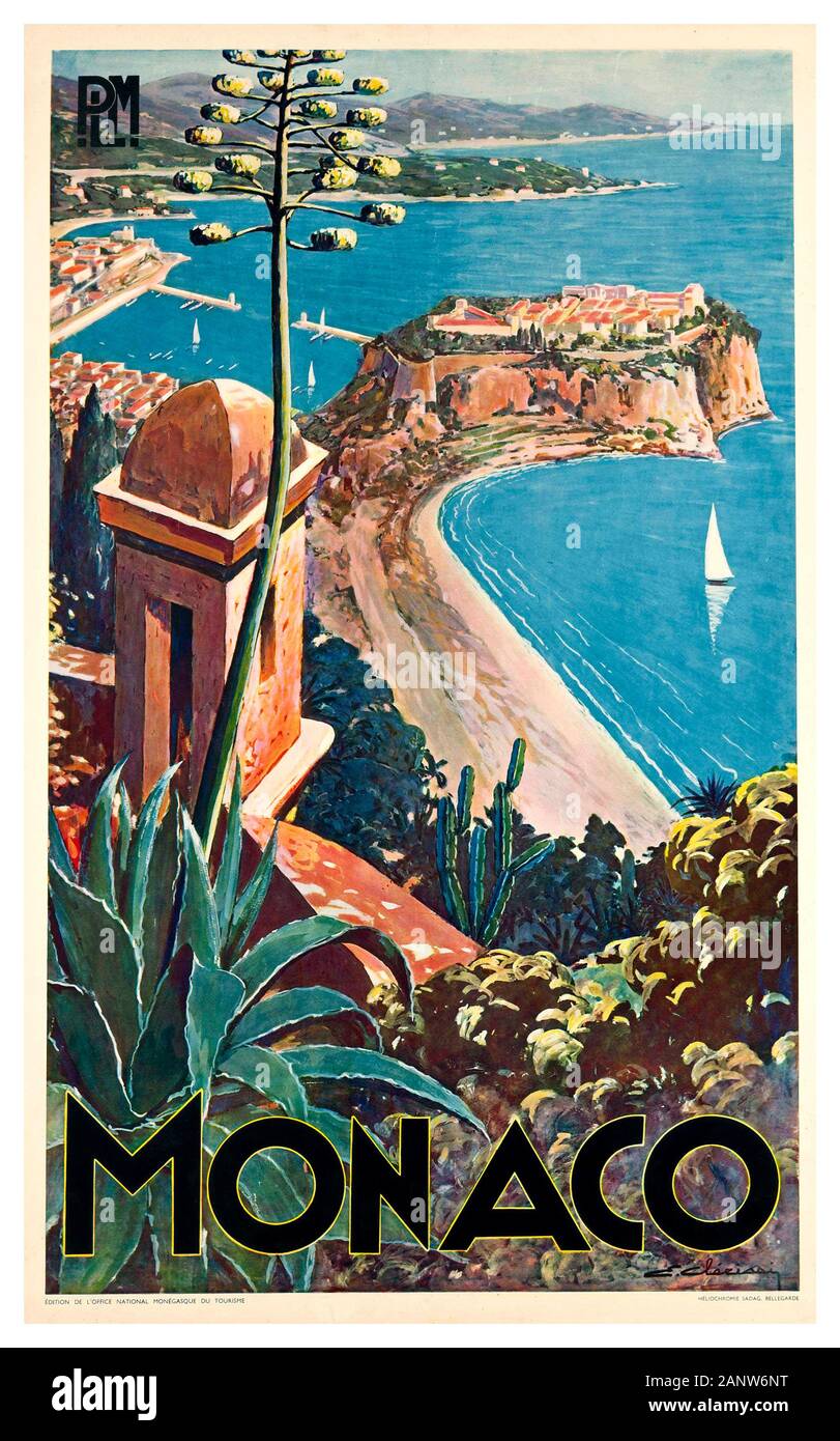 Monaco Vintage 1930 MONACO Travel Poster PLM Ferrovia Viaggi Pubblicità offset litografia a colori di E. Clérissi c. Foto Stock