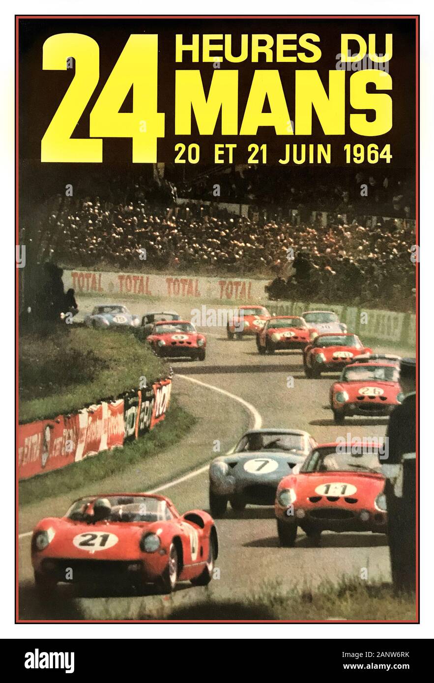 Le MANS 24 Heures 1964 poster di automobilismo d'epoca 24 Heures du Mans 20/21 Juin 1964 le Mans France Ferrari è stata la vincitrice di un record quinto anno consecutivo – il 275 P di Nino Vaccarella e l'ex Ferrari-privateer Jean Guichet hanno coperto una distanza record per il primo posto Foto Stock