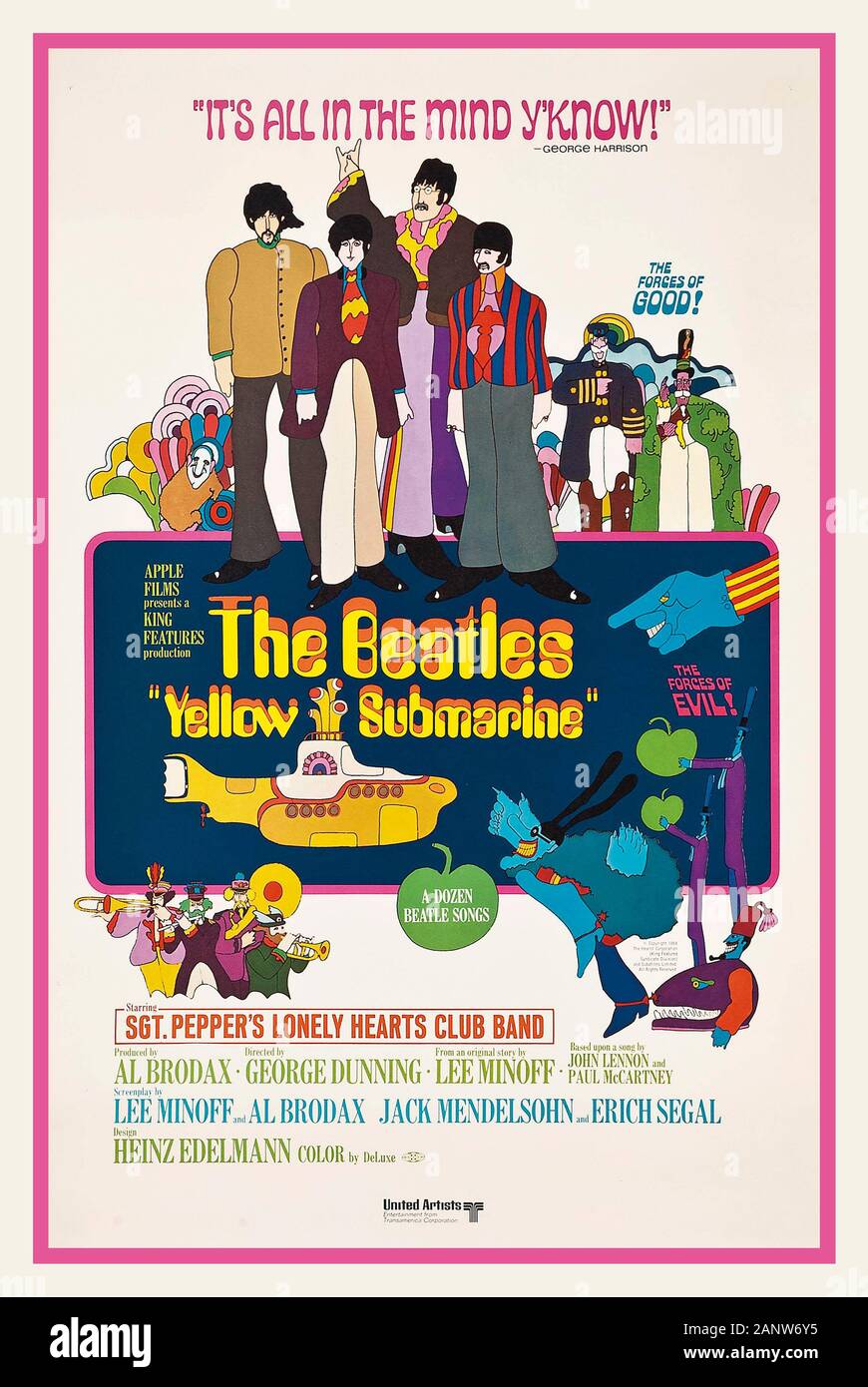 Film giallo Submarine Vintage 1960's Beatles Yellow Submarine poster 1968, King Features, U.S. One-sheet, di Heinz Edelmann USA poster, The Beatles, con George Harrison, Paul McCartney, John Lennon & Ringo Starr, 1968 ' S Its all in the mind y'know ! ‘ GLI ARTISTI UNITI Foto Stock
