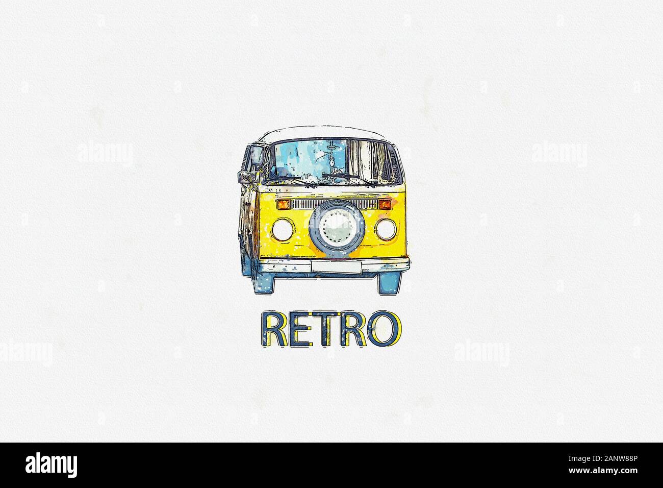 Acquerello schizzo di un vecchio stile retrò o auto con un retro iscrizione. Foto Stock