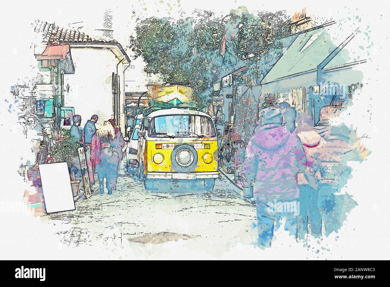 Acquerello schizzo di un vecchio stile retrò o auto guidando su una strada di città Foto Stock