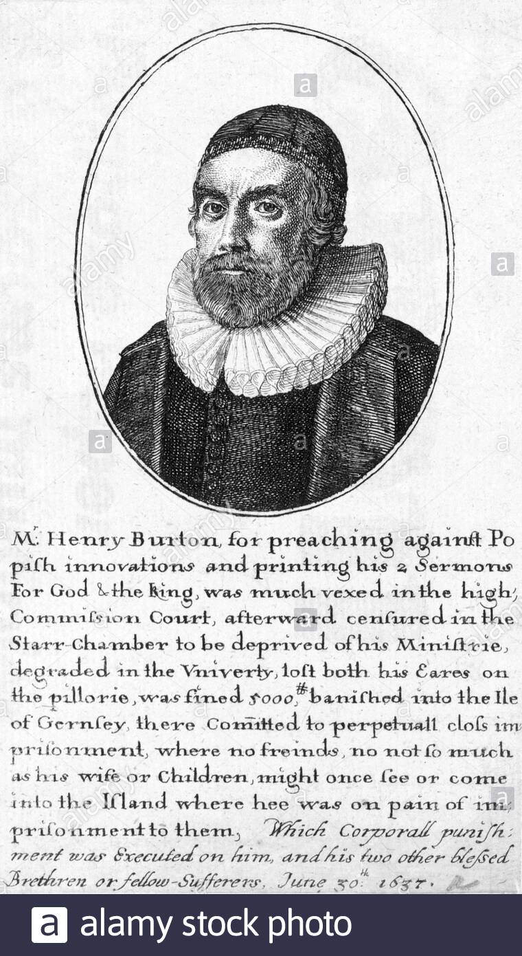 Henry Burton,1578 - 1648, era un inglese un puritano e teologo. Burton le orecchie sono state tagliate in 1637 per la scrittura di opuscoli di attaccare il punto di vista dell Arcivescovo narra, attacco da incisore boemo Wenceslaus Hollar da 1600s Foto Stock