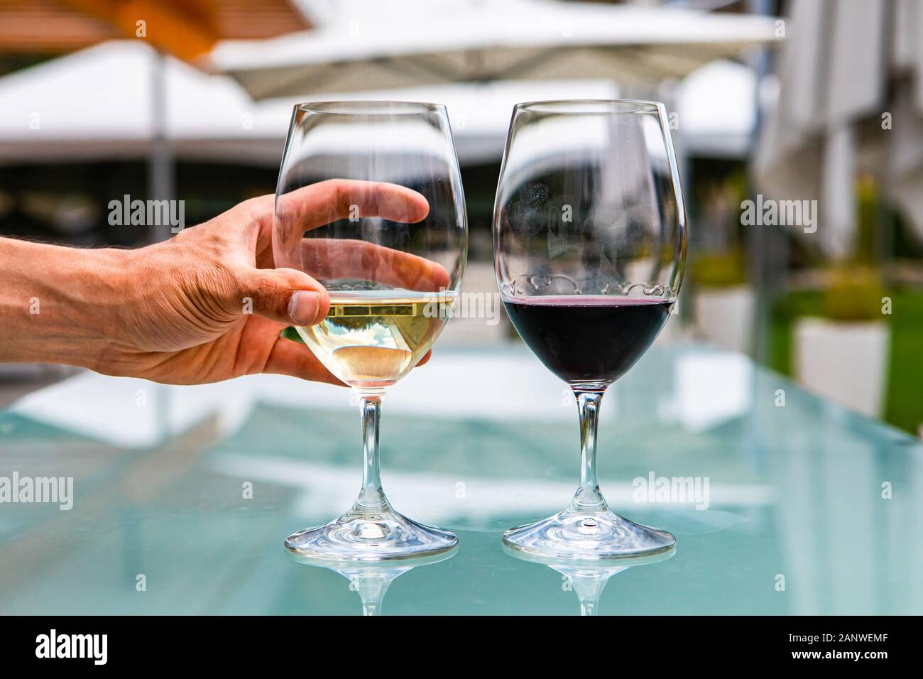 Man mano sul vino bianco vetro, coppia di vini bianchi e rossi occhiali da vicino il fuoco selettivo, ristorante il patio all'aperto sullo sfondo della tabella Foto Stock