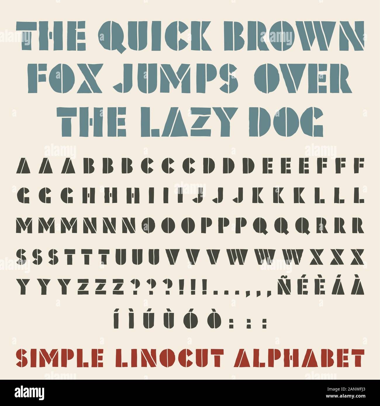 Xilografia semplice alfabeto. Forma Stencil, tre alternative per ogni glifo. Illustrazione Vettoriale