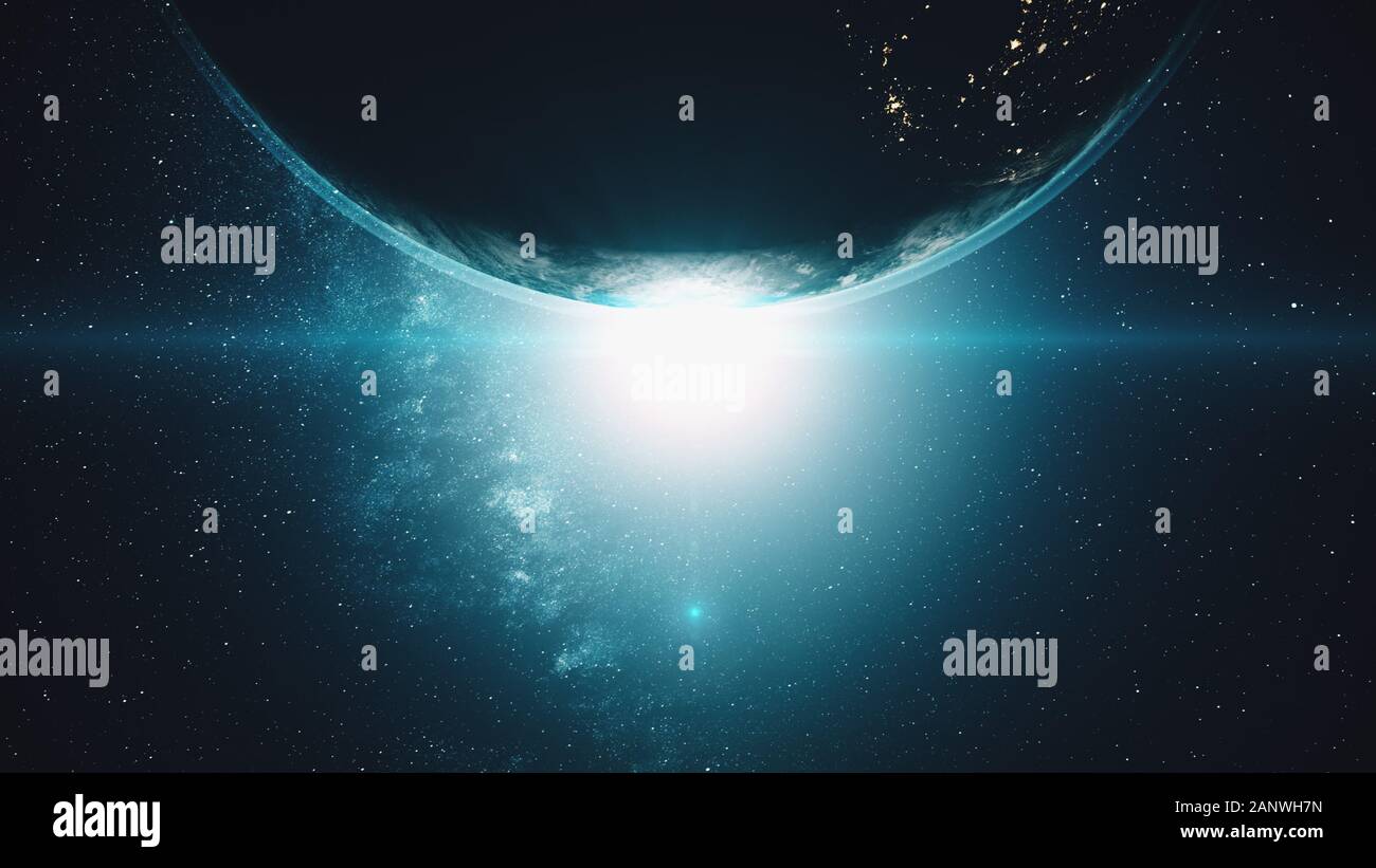 La terra dallo spazio esterno notte al giorno di transizione. Sunrise realistico mondo skyline. Planet spin zoom indietro. 3D render animazione. Il concetto di scienza. Gli elementi di questo media arredate dalla NASA Foto Stock