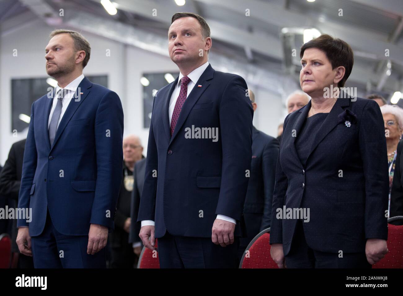 Czestochowa, Polonia: Andrzej Duda presidente della Polonia, Beata Szydlo vice primo ministro della Polonia e Artur Warzocha durante l'NSZZ Solidarnosc Foto Stock