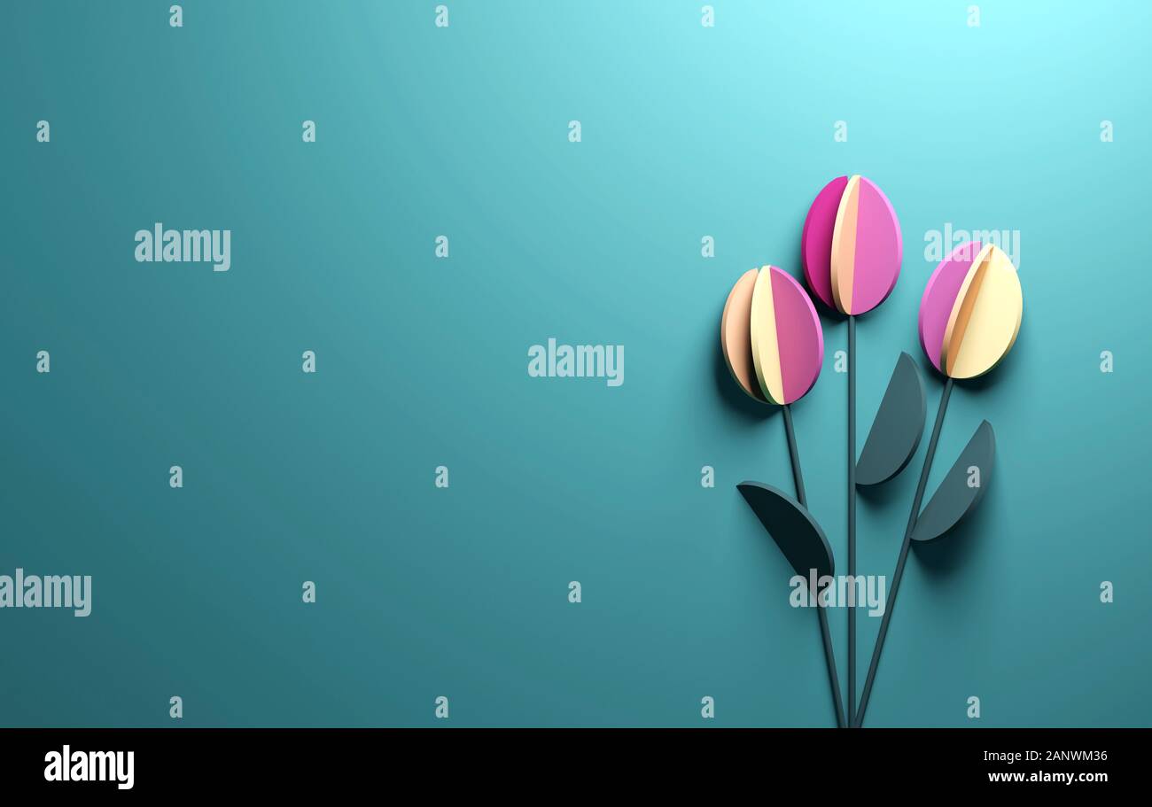 Bouquet stilizzato di carta colorata tulip fiori, abstract piatto di installazione di laici con copia area spazio sul lato sinistro, 3d rendering immagine Foto Stock