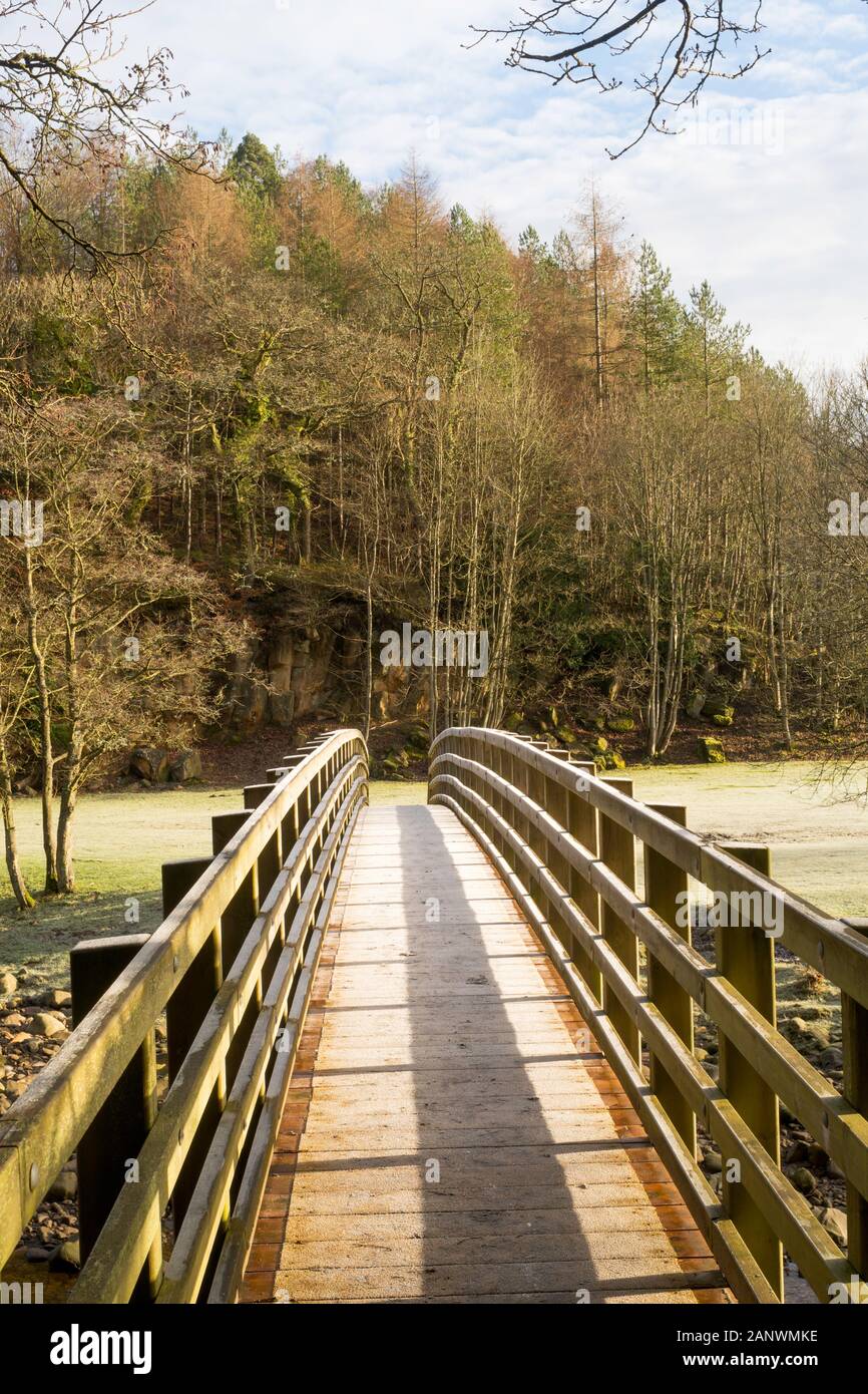 Vista invernale della passerella sul fiume Allen vicino Plankey Farm, Northumberland, England, Regno Unito Foto Stock