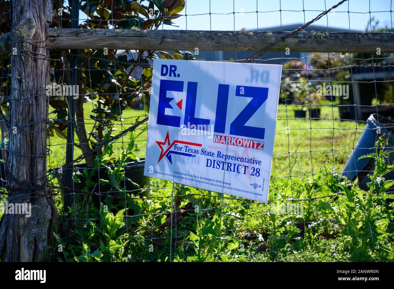 Il frutteto, Texas - Gennaio 19, 2020: campagna politica segno dei democratici di eliz Markowitz per la Texas membro rappresentante Casa Distretto 28 special ele Foto Stock