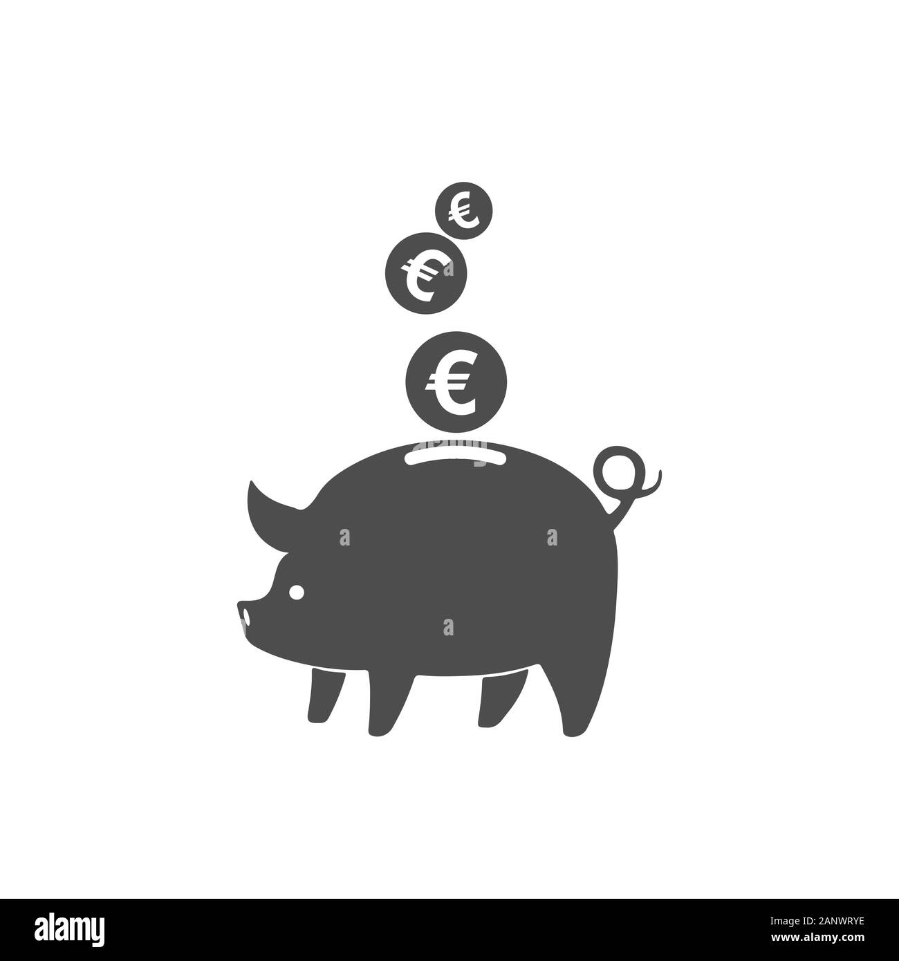 Salvadanaio e icona di monete isolato. Grigio salvadanaio con la caduta delle monete in euro nel design piatto. Illustrazione Vettoriale. Illustrazione Vettoriale