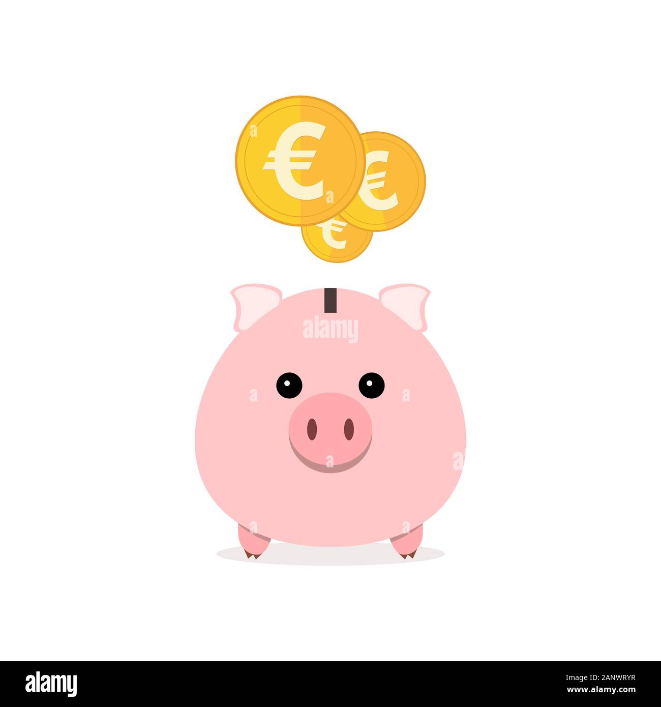 Rosa salvadanaio e monete isolato. Salvadanaio con la caduta delle monete in design piatto. L'oro delle monete in euro. Illustrazione Vettoriale. Illustrazione Vettoriale