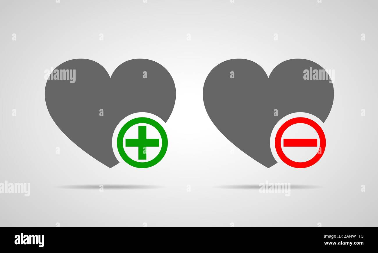 Cuori di colore grigio con verde più e meno rosso. Sì e No concept. Illustrazione Vettoriale. Cuore con verde plus. Cuore con il segno meno in rosso. Illustrazione Vettoriale