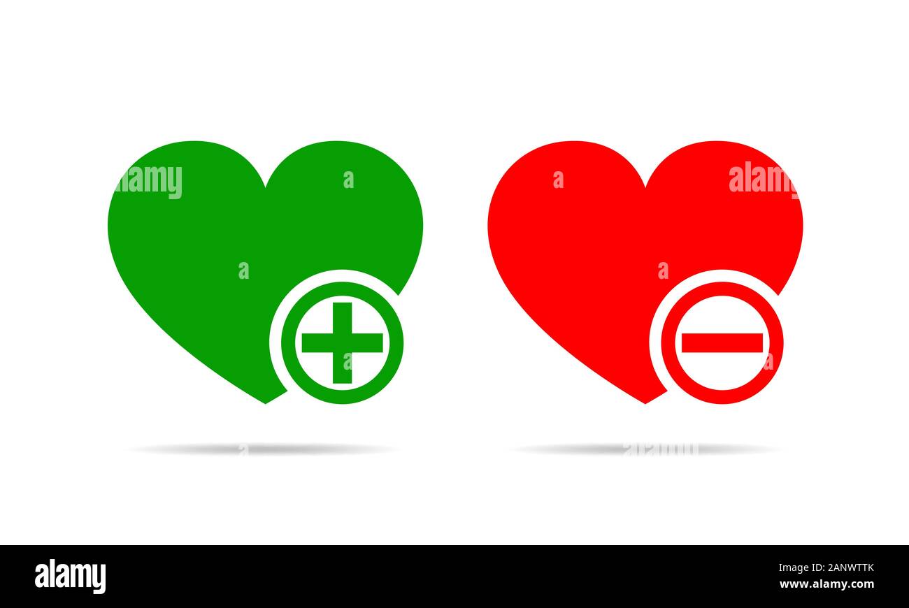 Cuore con i segni più e meno marchi. Sì e No concept. Illustrazione Vettoriale. Il rosso e il verde cuore con i segni più e meno mark su sfondo bianco. Illustrazione Vettoriale