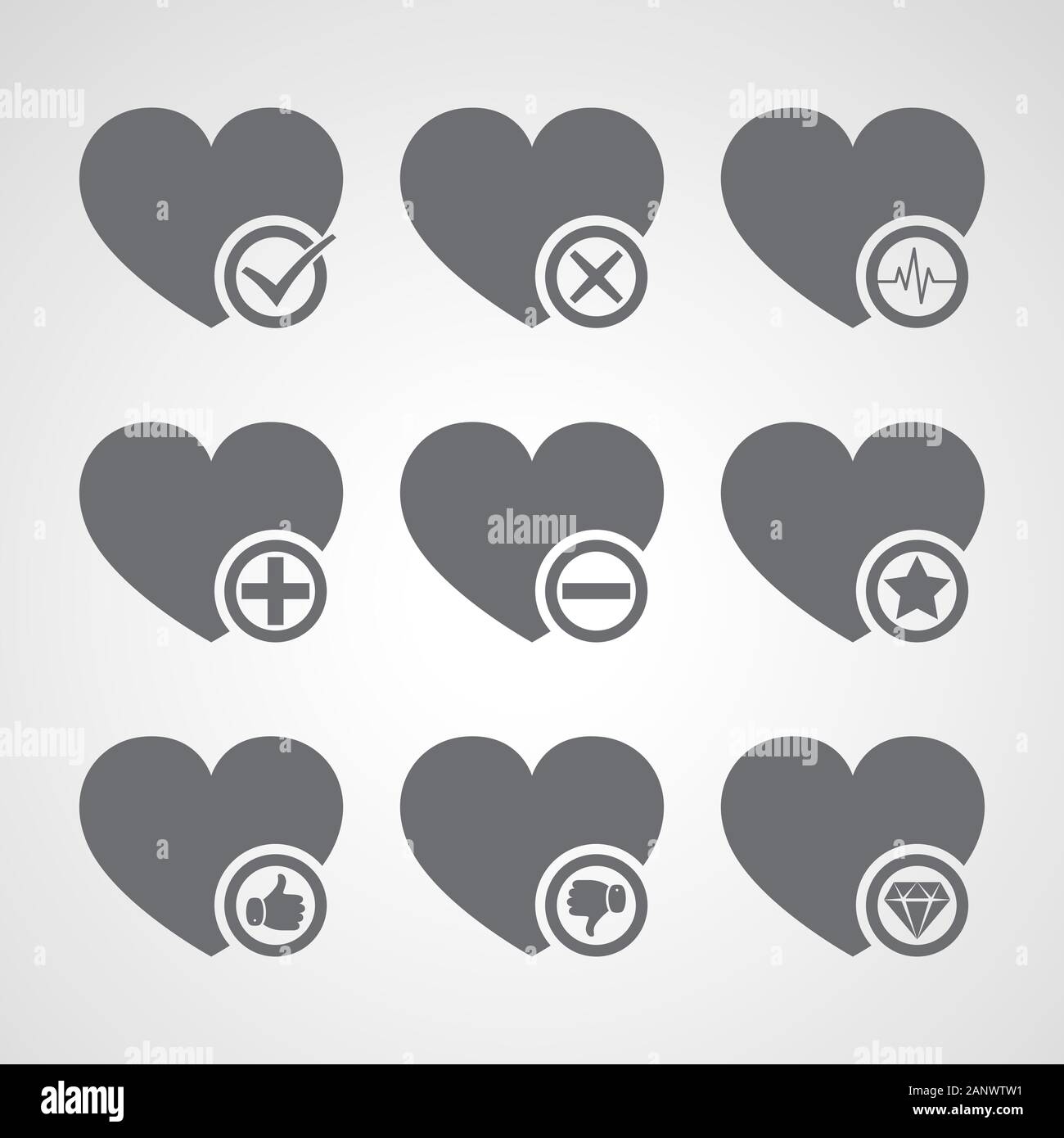 Set di grigio cuori concettuale con diversi segni concettuale. Illustrazione Vettoriale. Illustrazione Vettoriale