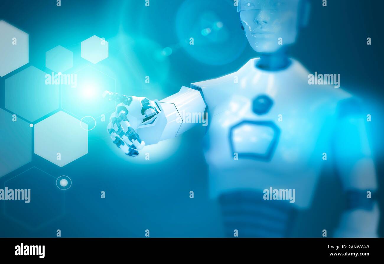 Intelligenza artificiale, robot. Cyborg su un touch screen, HUD. La fantascienza. Sci-fi. La programmazione. Ologramma. Violazione della privacy, hacked identità. Foto Stock