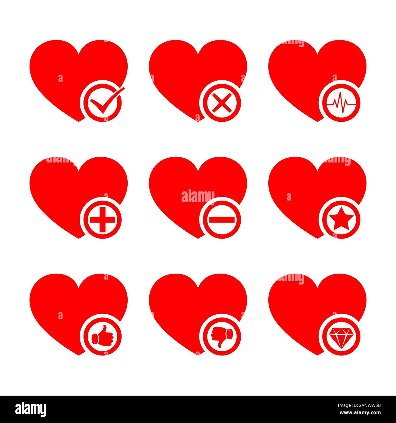 Set di cuori rossi con diversi segni concettuale. Illustrazione Vettoriale. Illustrazione Vettoriale