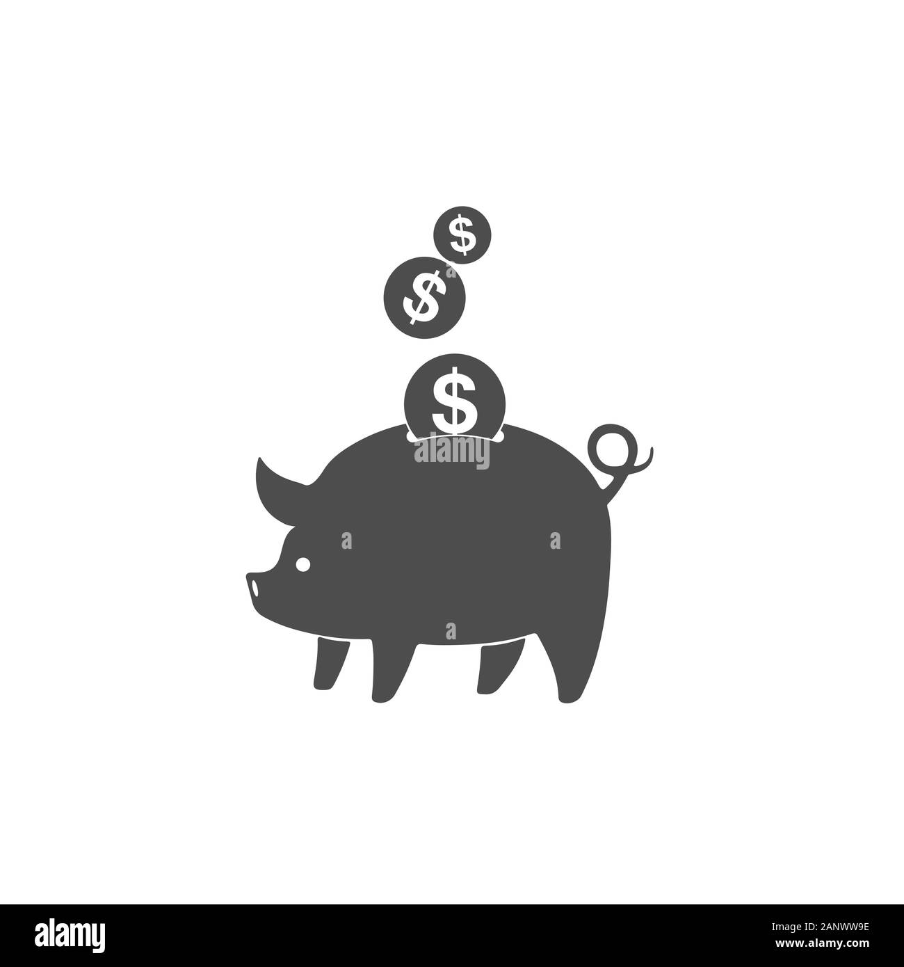 Salvadanaio e icona di monete isolato. Grigio salvadanaio con il calo del dollaro monete in design piatto. Illustrazione Vettoriale. Illustrazione Vettoriale