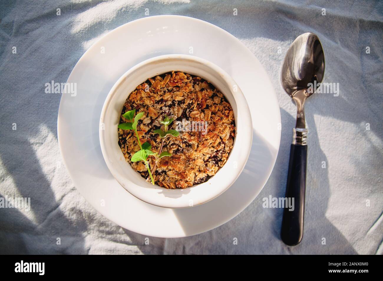 Cotta oat-mirtillo crumble con la menta in un bianco e blu piastra su un rustico tovaglie di lino. Salvare lo spazio, vista dall'alto. Il concetto di sano buon Foto Stock