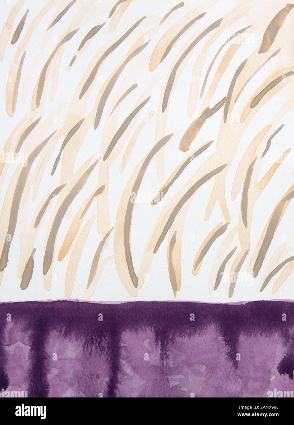 Illustrazione acquerello astratta viola e beige in forme geometriche, curve e linee. Molta struttura e interesse in questa illustrazione. Foto Stock