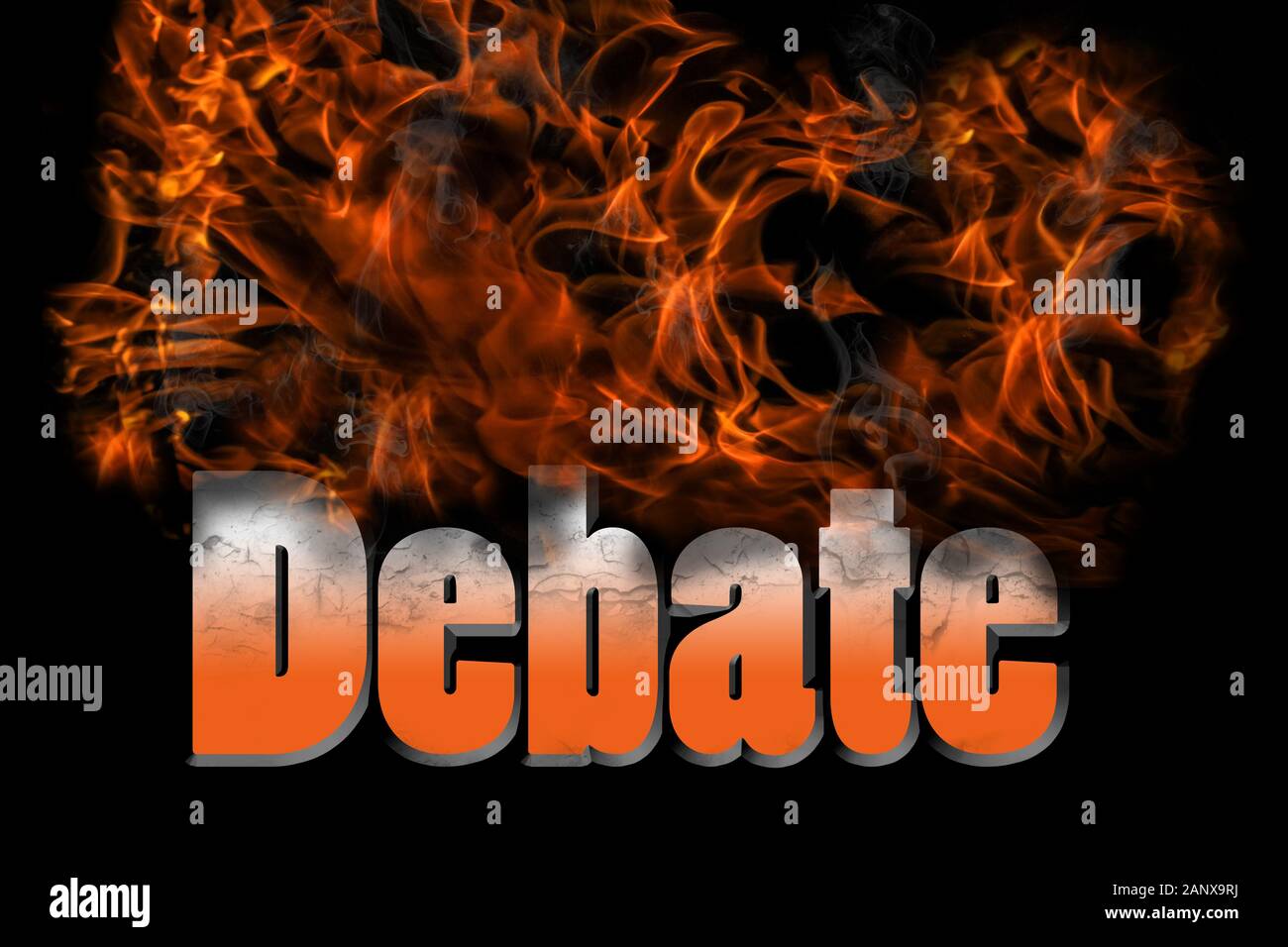 Discussione 3D parola di illustrazione in fiamme per concetti e argomenti discutibili. Parola scricchiolio e bruciato con fuoco e fumo su sfondo nero. Foto Stock