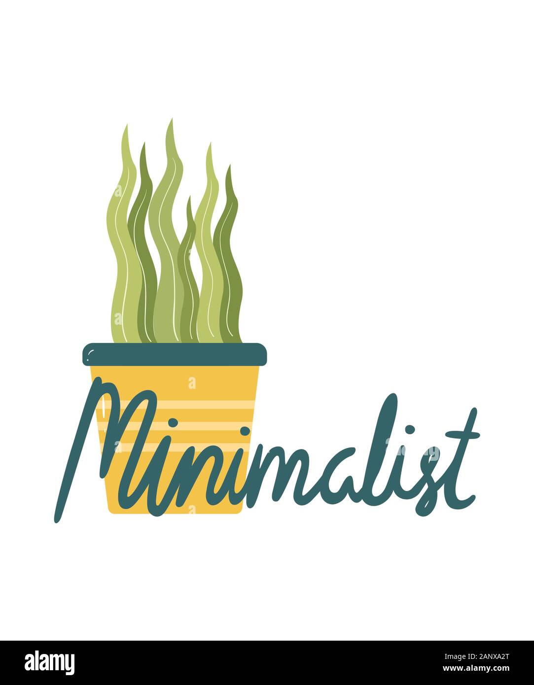 Grafica minimalista con una pianta in vaso che e script testo in un verde scuro su uno sfondo bianco. Ideale per qualsiasi concetto minimalista. Foto Stock
