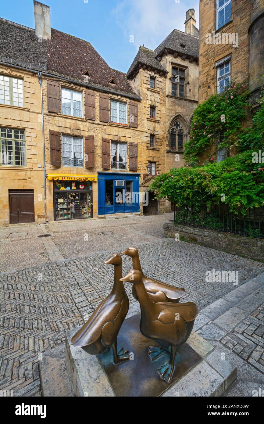 Francia, Dordogne, Sarlat-la-Caneda, Place des marches aux oies (oca mercato), "Les Trois Oies", scultura in bronzo di tre oche Foto Stock