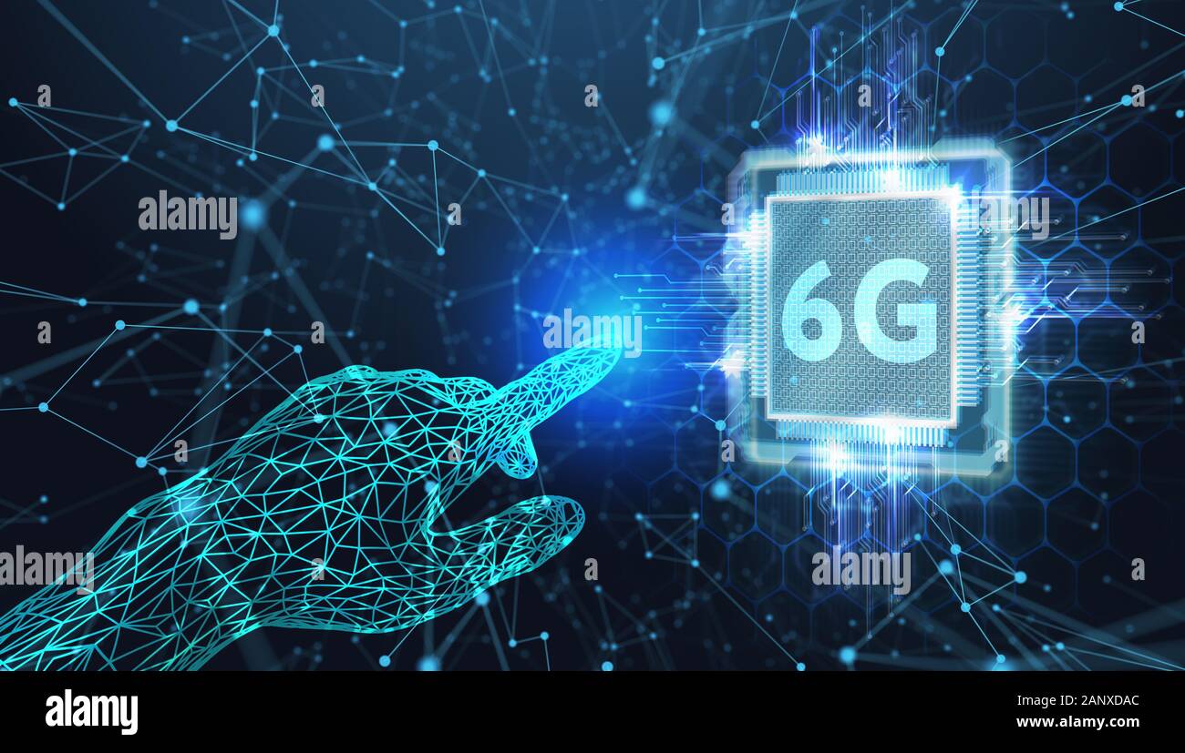 Il concetto di 6G, rete Internet mobile ad alta velocità, reti di nuova generazione. Business, tecnologia moderna, internet e networking concetto. Foto Stock