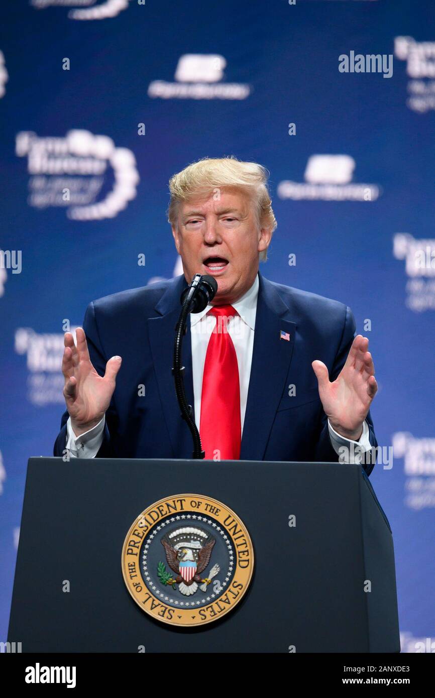 Il presidente degli Stati Uniti Donald J. Trump ha un discorso prima di 5.000 partecipanti alla convention annuale della American Farm Bureau Federation ad Austin, Texas, USA Foto Stock