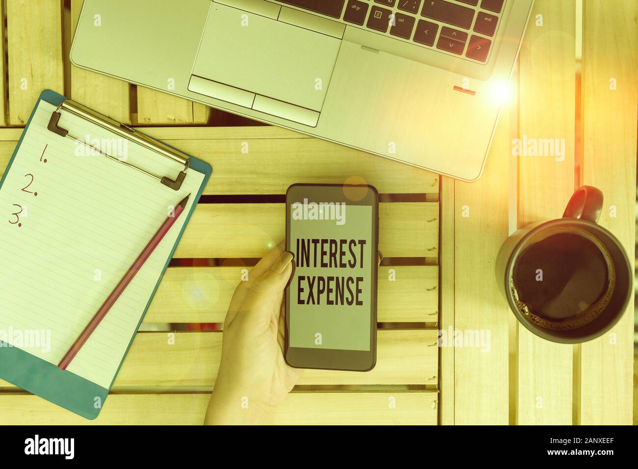 Segno di testo che mostra gli interessi passivi. Business photo testo costo del debito che si è verificato durante un periodo di tempo in cui la donna lo smartphone computer drink mug off Foto Stock