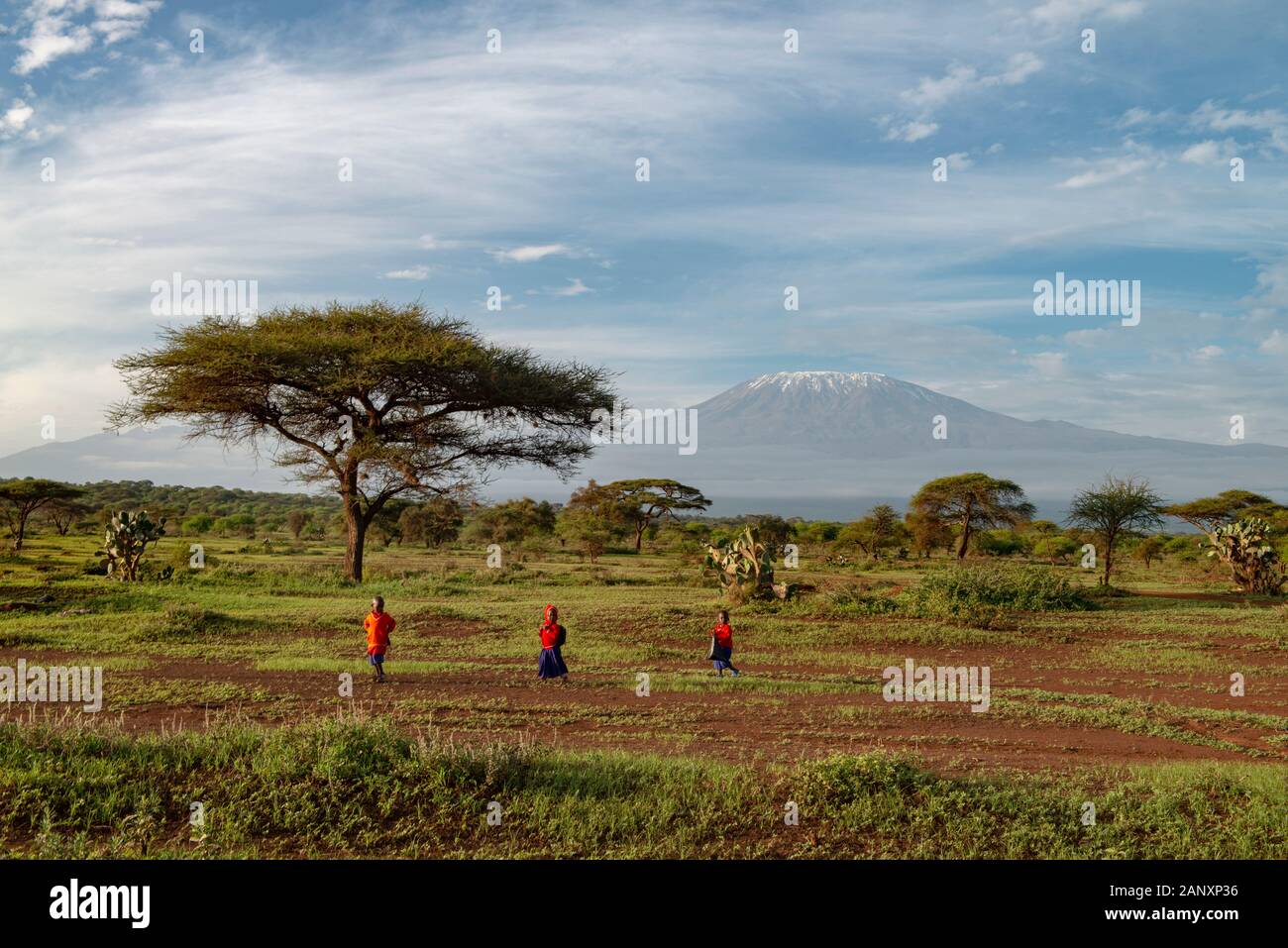 Masai Kids con lo sfondo del monte Killimanjaro al Parco Nazionale di Amboseli, Kenya, Africa Foto Stock