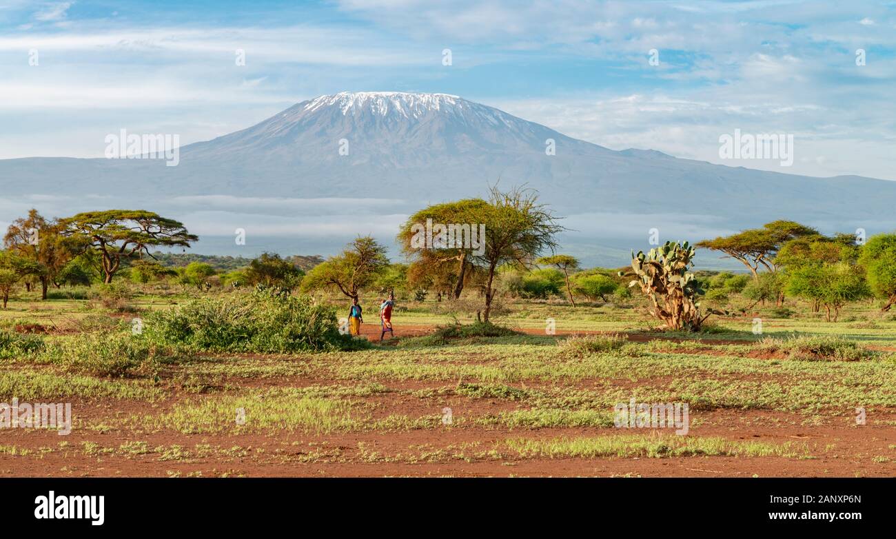 Masai con lo sfondo del monte Killimanjaro al Parco Nazionale di Amboseli, Kenya, Africa Foto Stock
